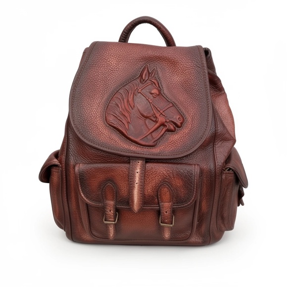 Brown Heritage Leather Horse Embossed Backpack